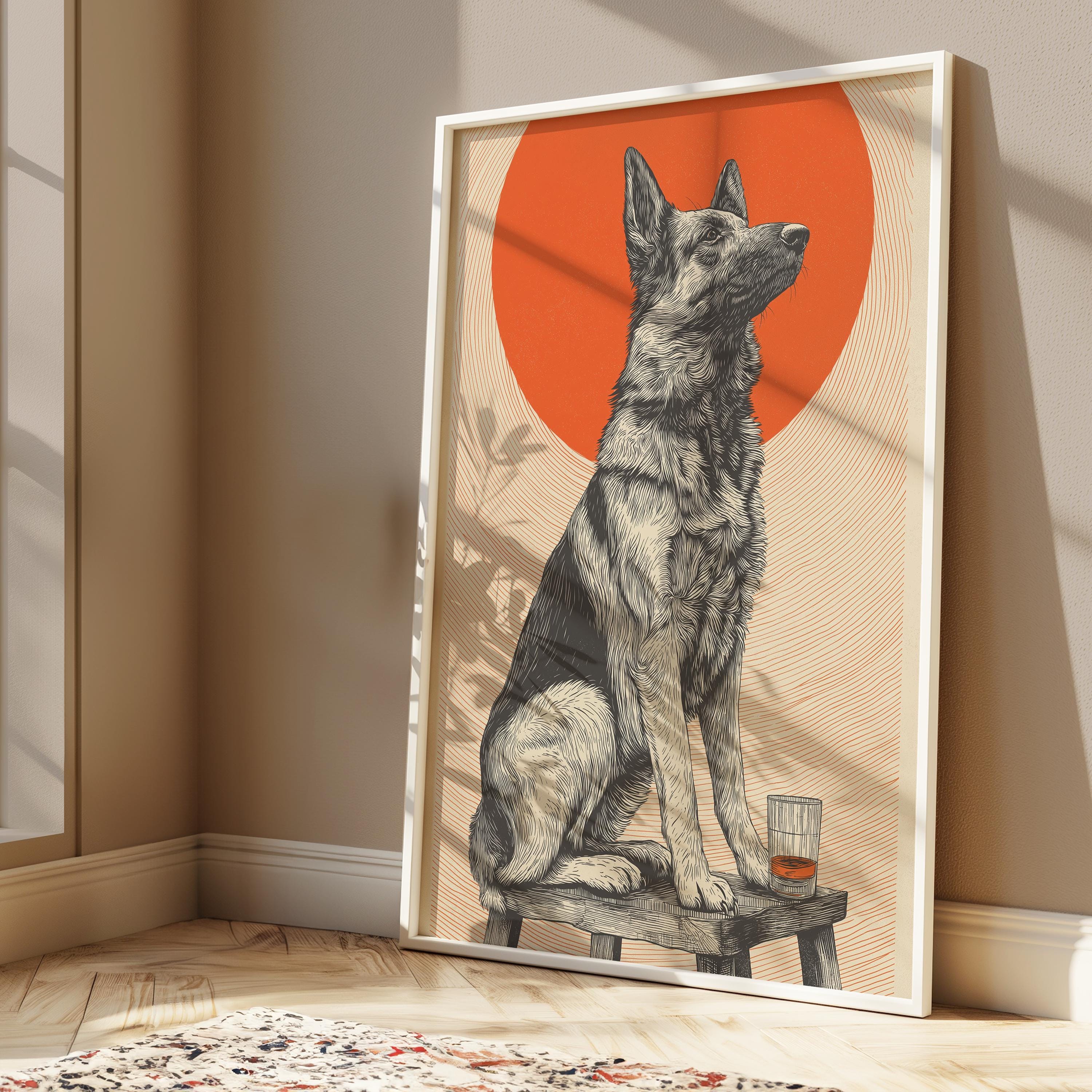 German Shepherd Print – Vintage Dog Wall Art | Pub Style Decor & Whiskey Dog Illustration