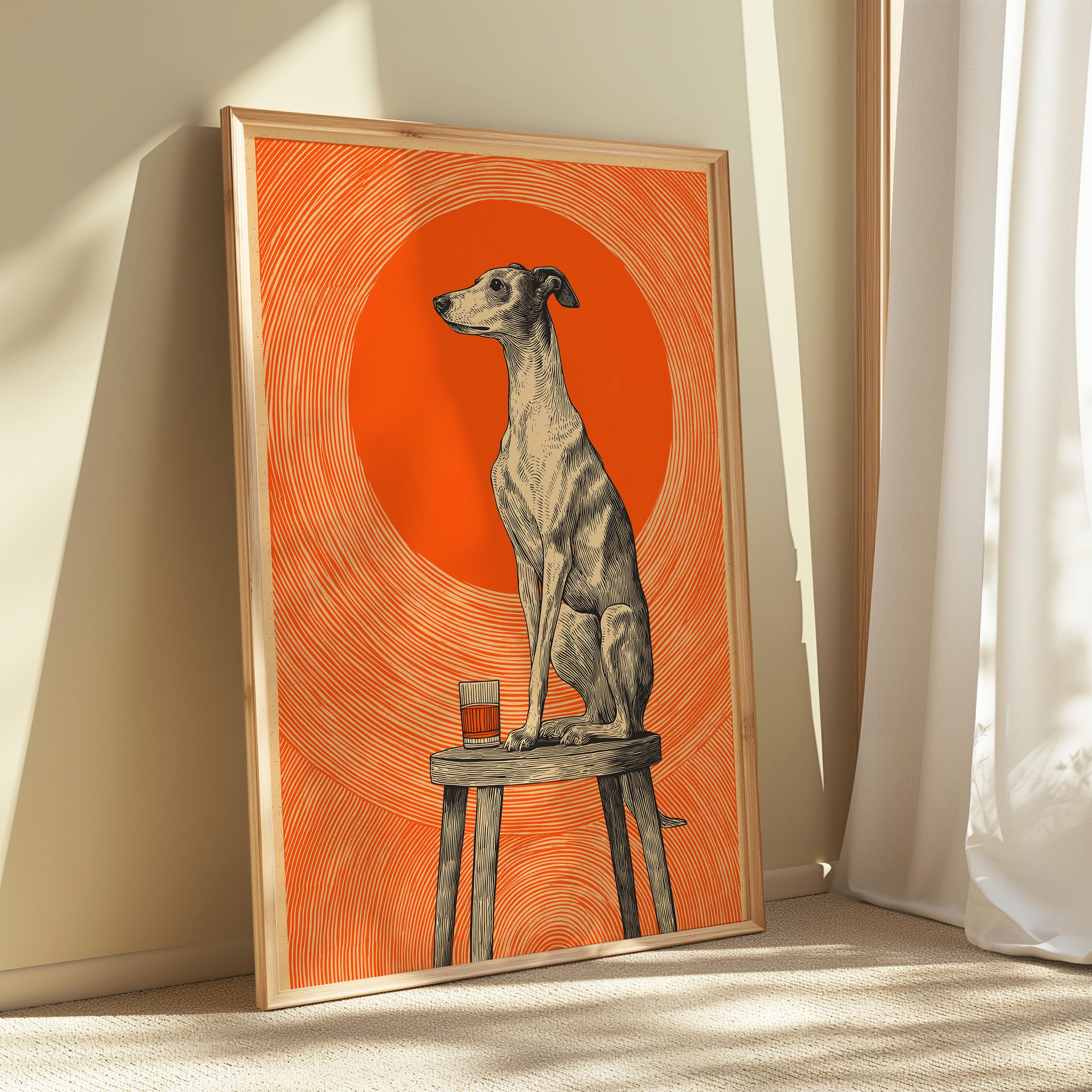 Whippet Greyhound Dog Print – Vintage Whiskey Bar Decor | Retro Pub Style Artwork