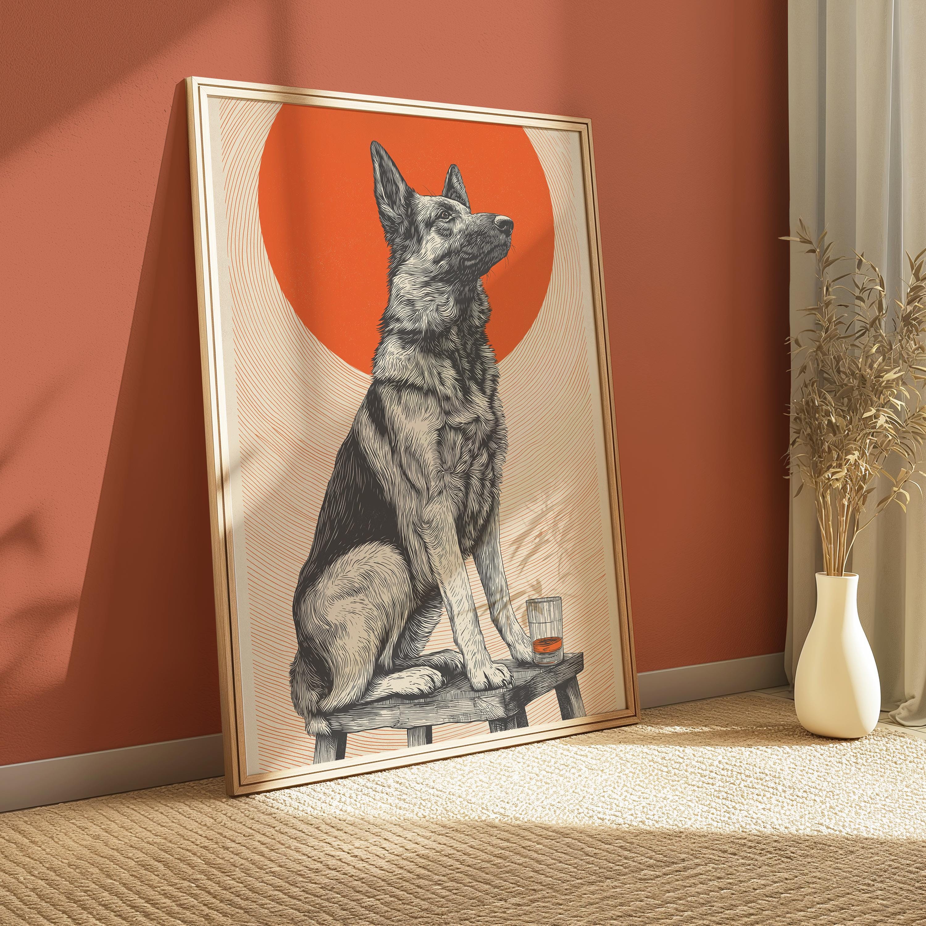 German Shepherd Print – Vintage Dog Wall Art | Pub Style Decor & Whiskey Dog Illustration
