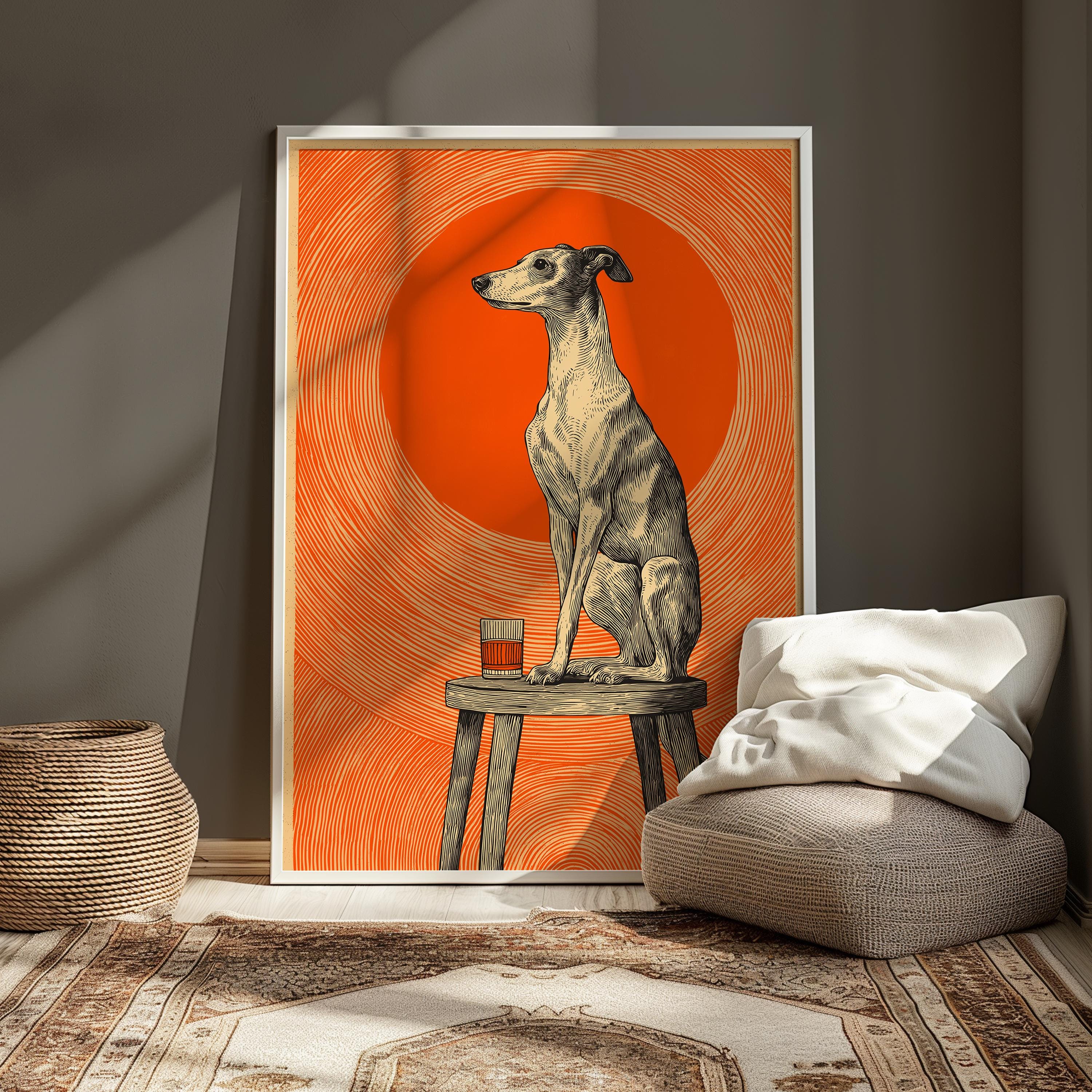 Whippet Greyhound Dog Print – Vintage Whiskey Bar Decor | Retro Pub Style Artwork