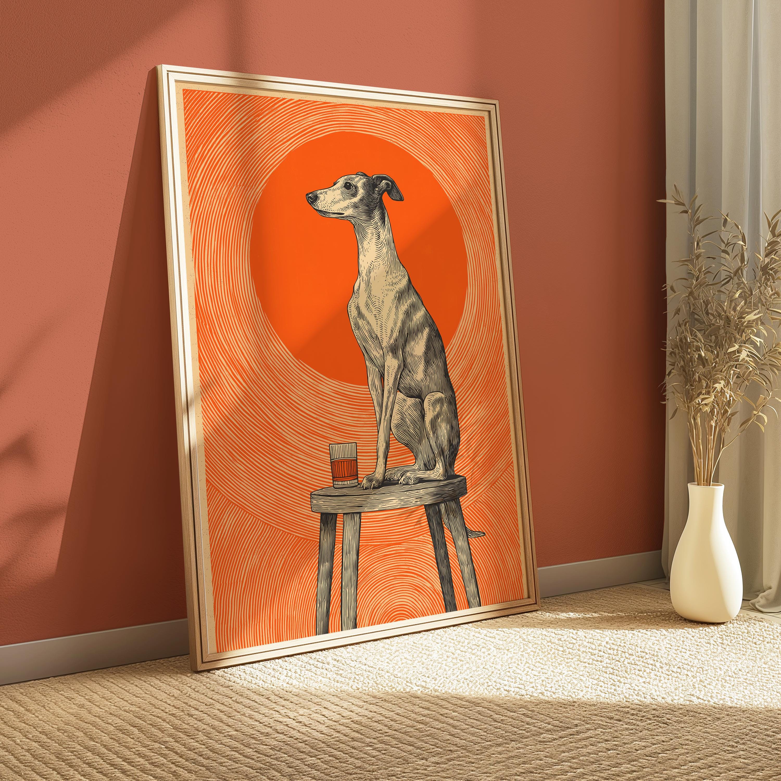 Whippet Greyhound Dog Print – Vintage Whiskey Bar Decor | Retro Pub Style Artwork