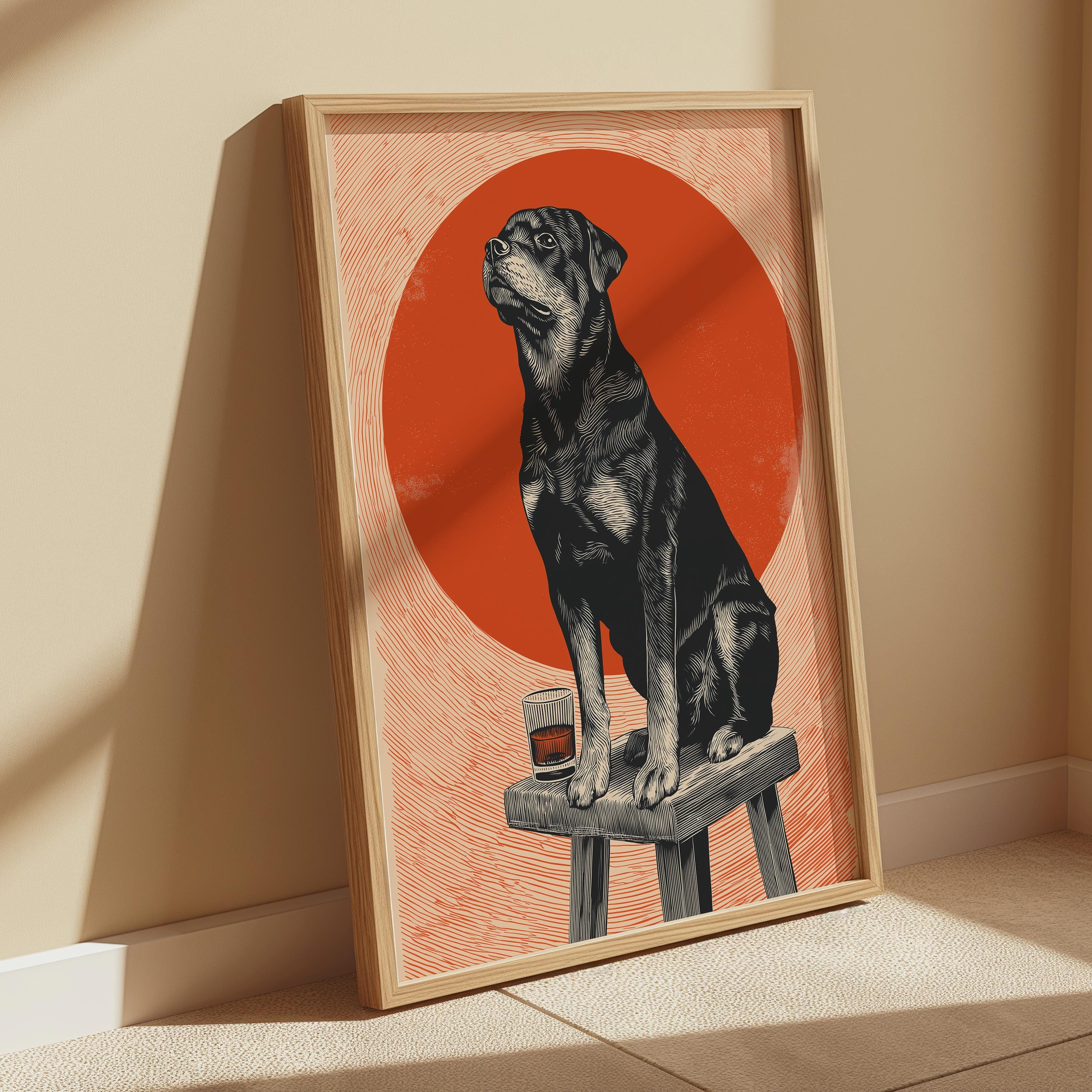 Rottweiler Dog Print – Vintage Dog Poster | Whiskey Bar Decor & Home Bar Art