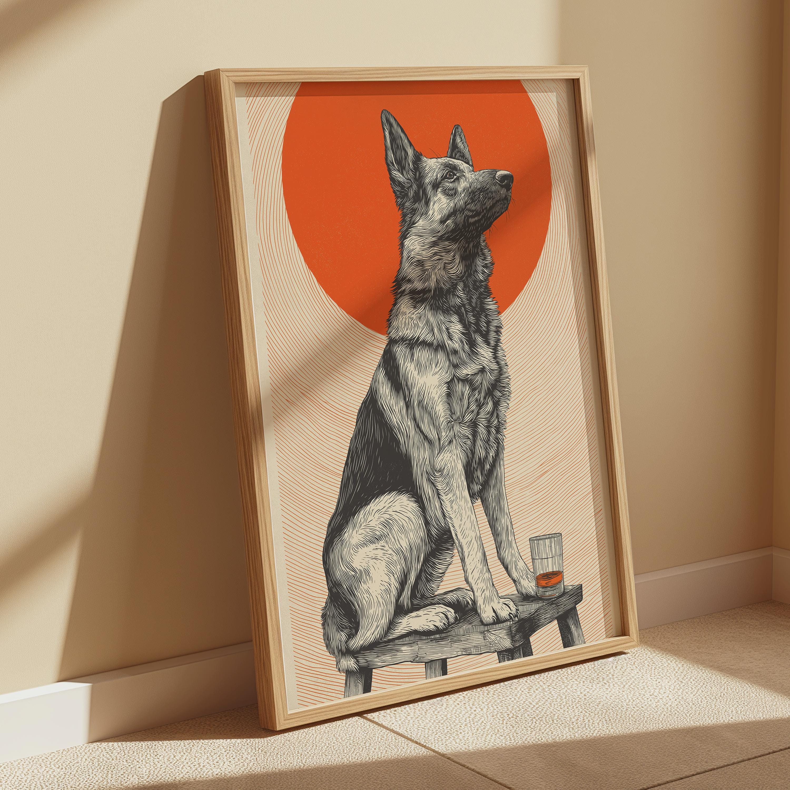 German Shepherd Print – Vintage Dog Wall Art | Pub Style Decor & Whiskey Dog Illustration