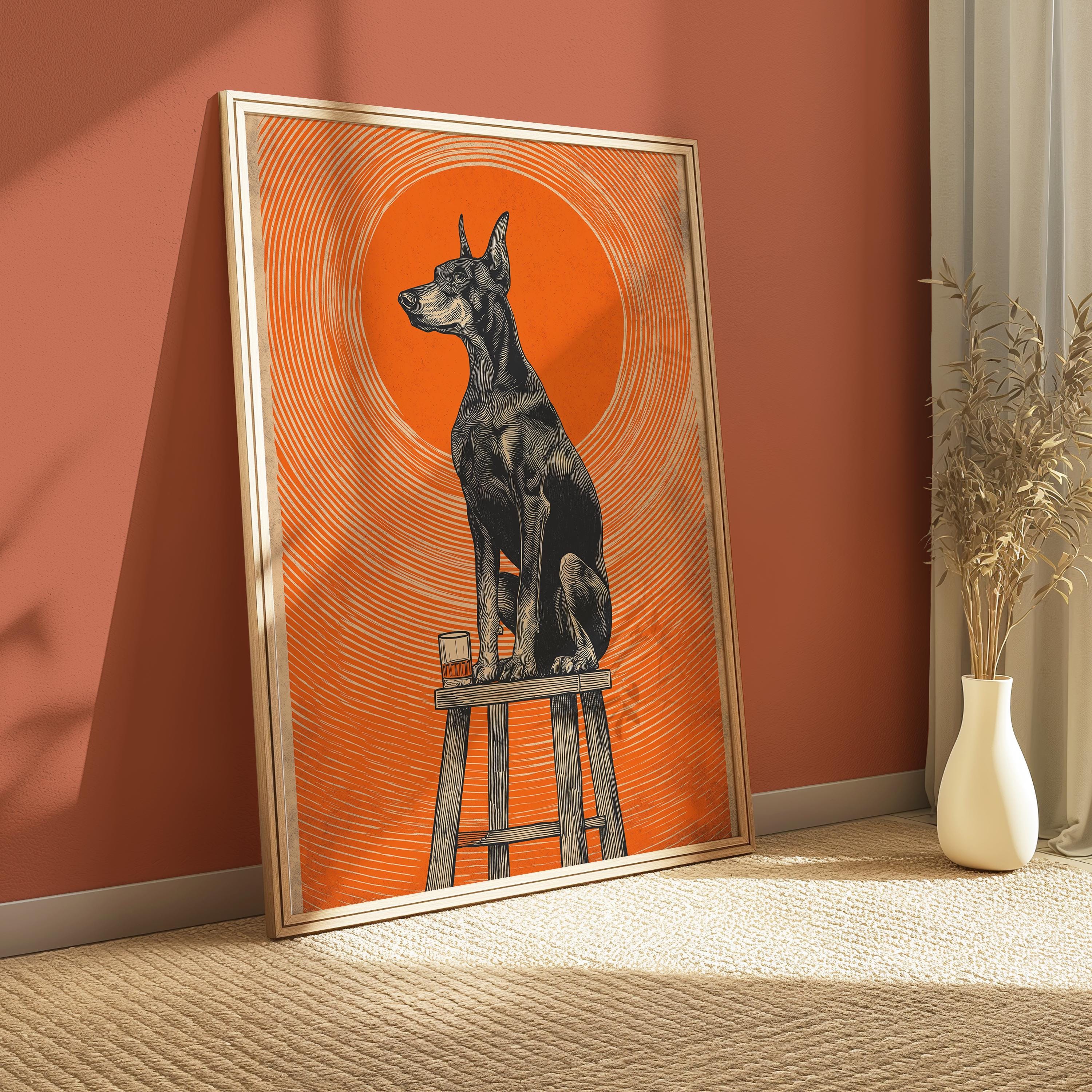 Dobermann Dog Print – Vintage Dog Art | Whiskey Bar Decor | Retro Wall Art