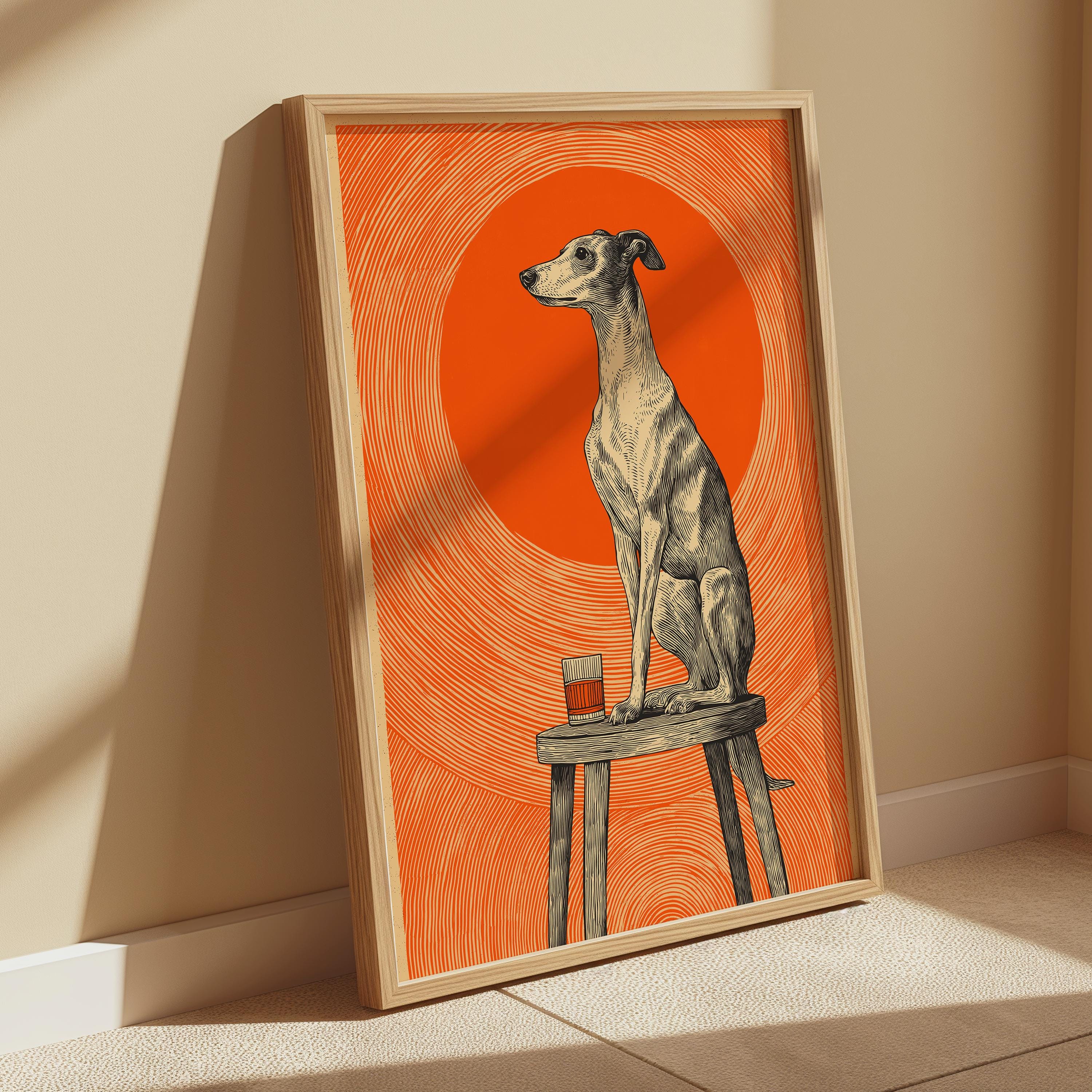 Whippet Greyhound Dog Print – Vintage Whiskey Bar Decor | Retro Pub Style Artwork