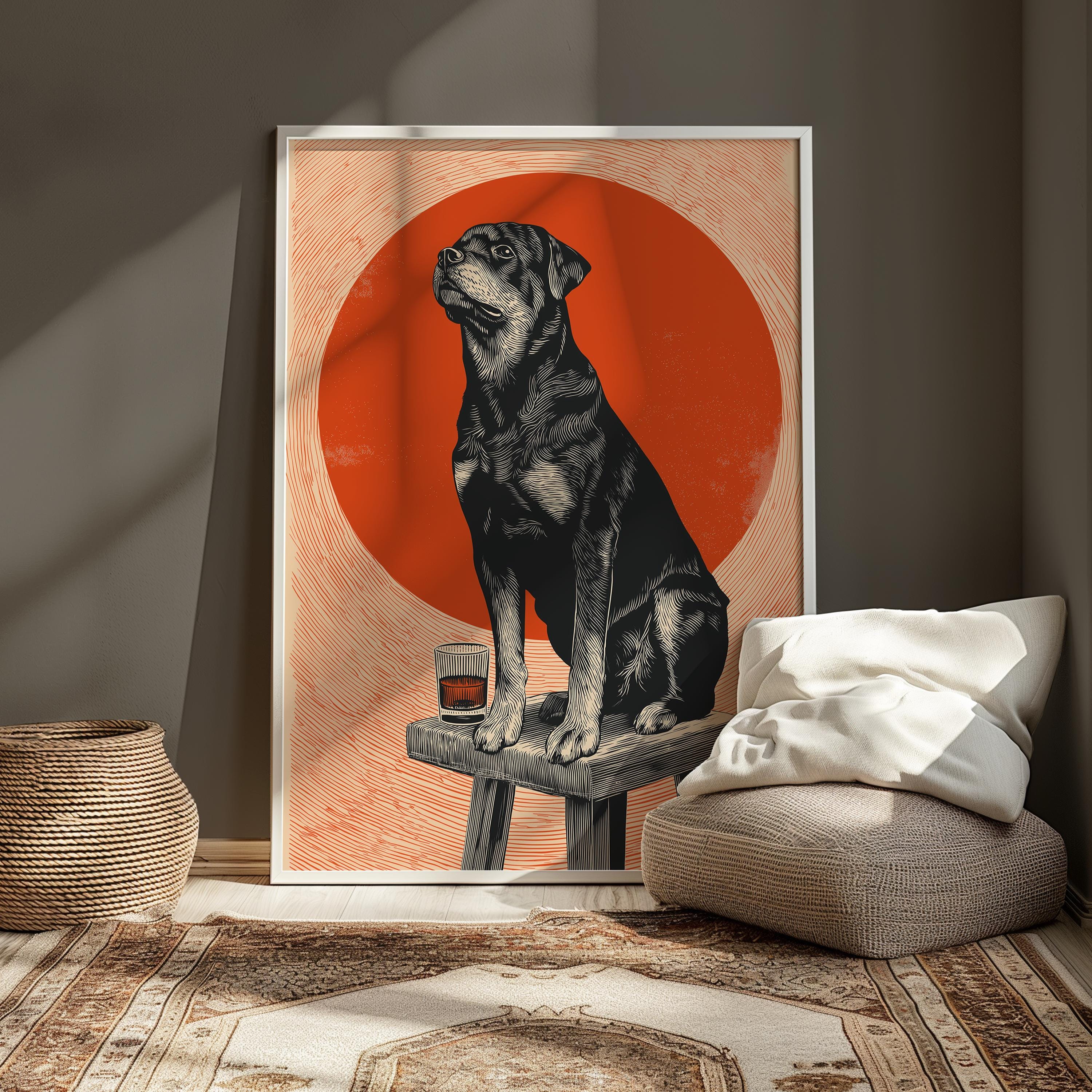 Rottweiler Dog Print – Vintage Dog Poster | Whiskey Bar Decor & Home Bar Art
