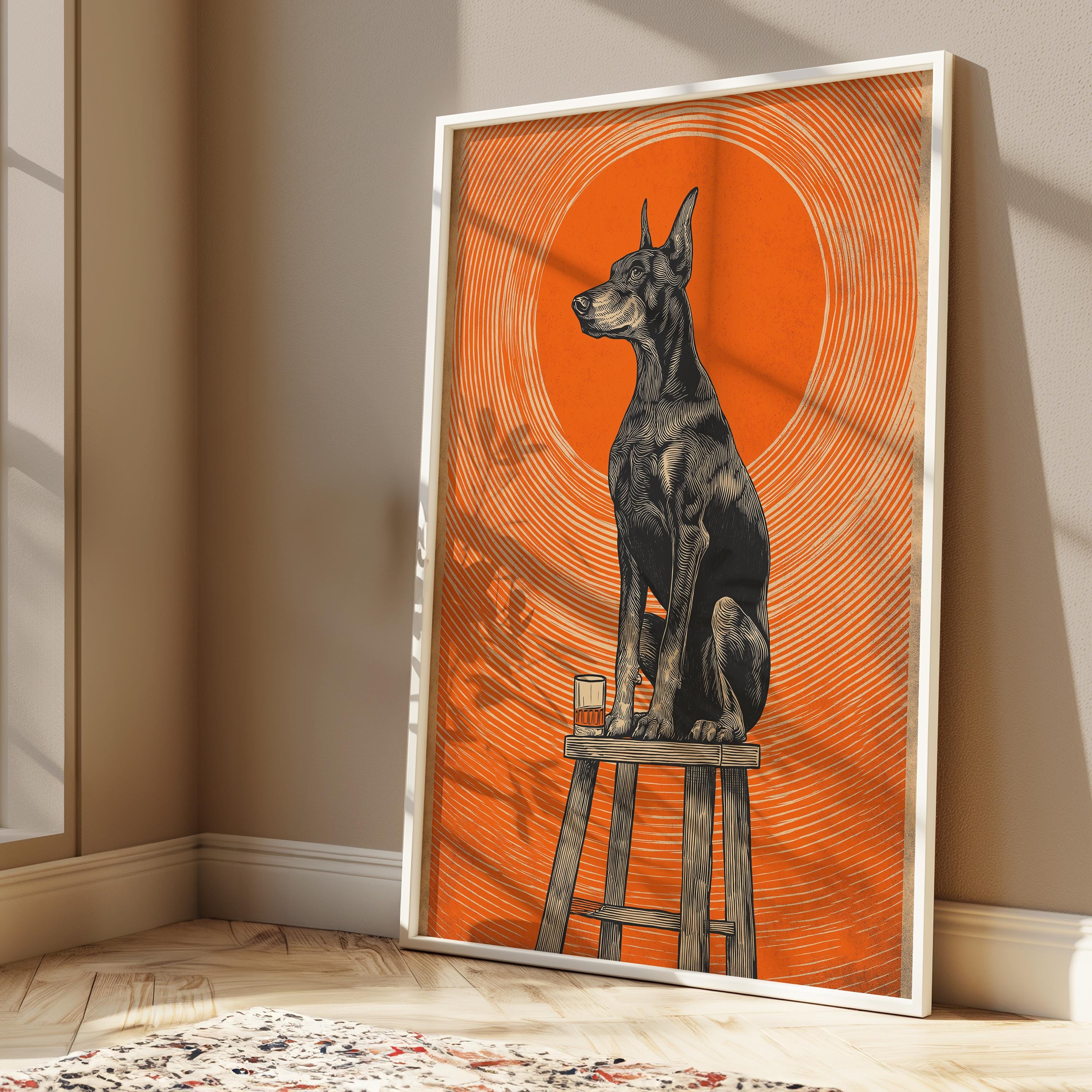 Dobermann Dog Print – Vintage Dog Art | Whiskey Bar Decor | Retro Wall Art