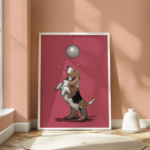Basset Hound Dog Art - Retro Disco Dog Print With Cowboy Boots | Unique Wall Decor